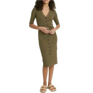 Marine Layer Bella Ribbed Button Down Midi Sweater Dress XS Green Bamboo Blend